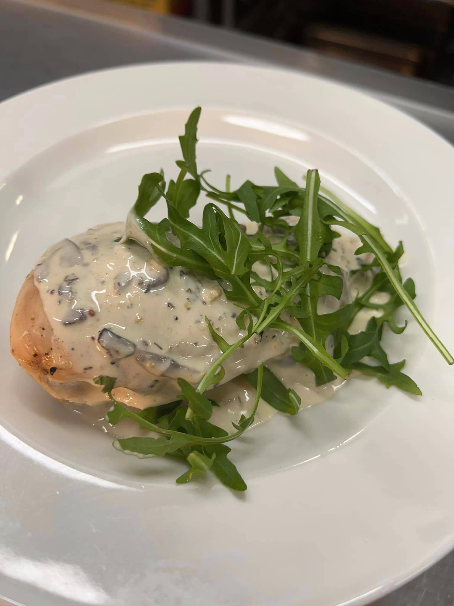 Chicken Ballantine with wild mushroom cream sauce