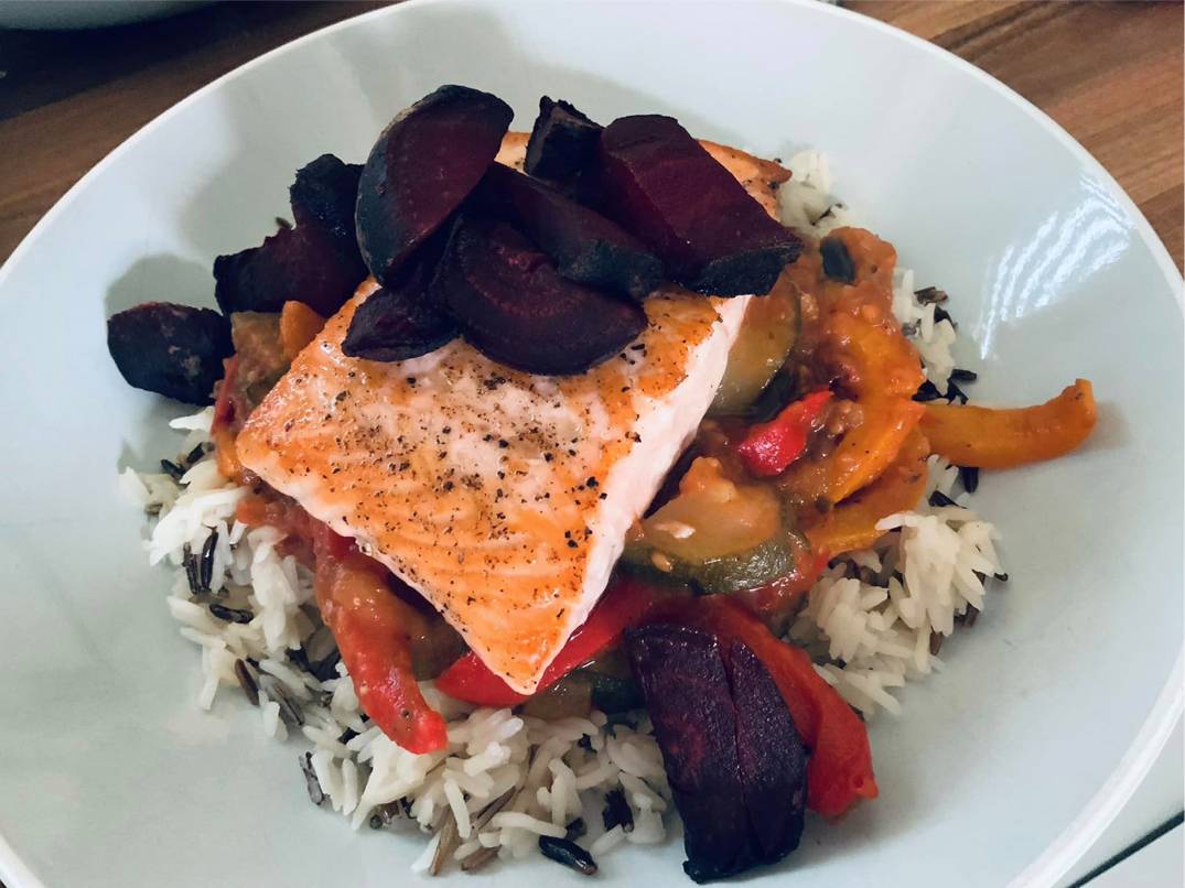 Parch salmon with roasted beats and wild rice 